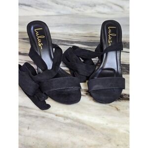 Lulu's Black Ankle Wrap Tie Sandals Suede Block Heel Classy Party Size 8.5 Black